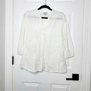 Hester‎ & Orchard Anthropologie White Embroidered Romantic Blouse XL